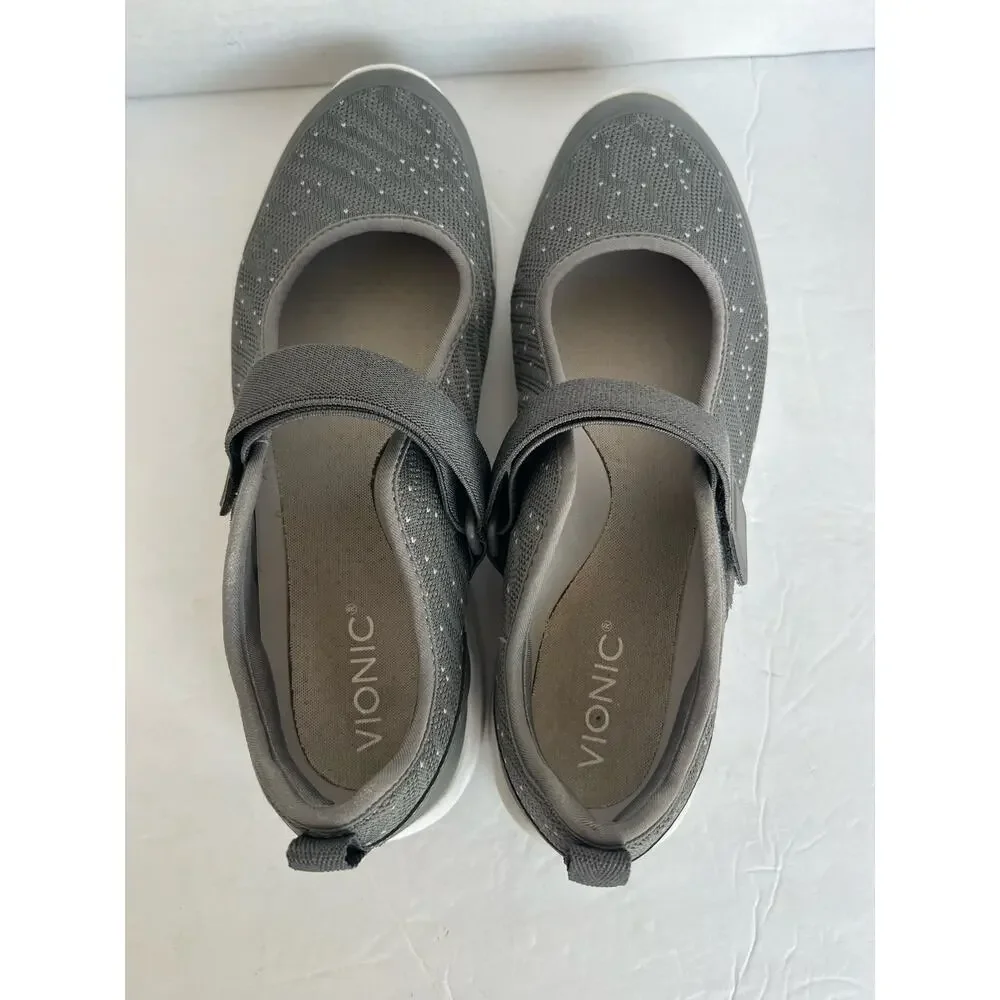 Vionic Women's Jessica Mary Jane Flats Gray & White‎ Comfort Orthotic Shoes 9.5